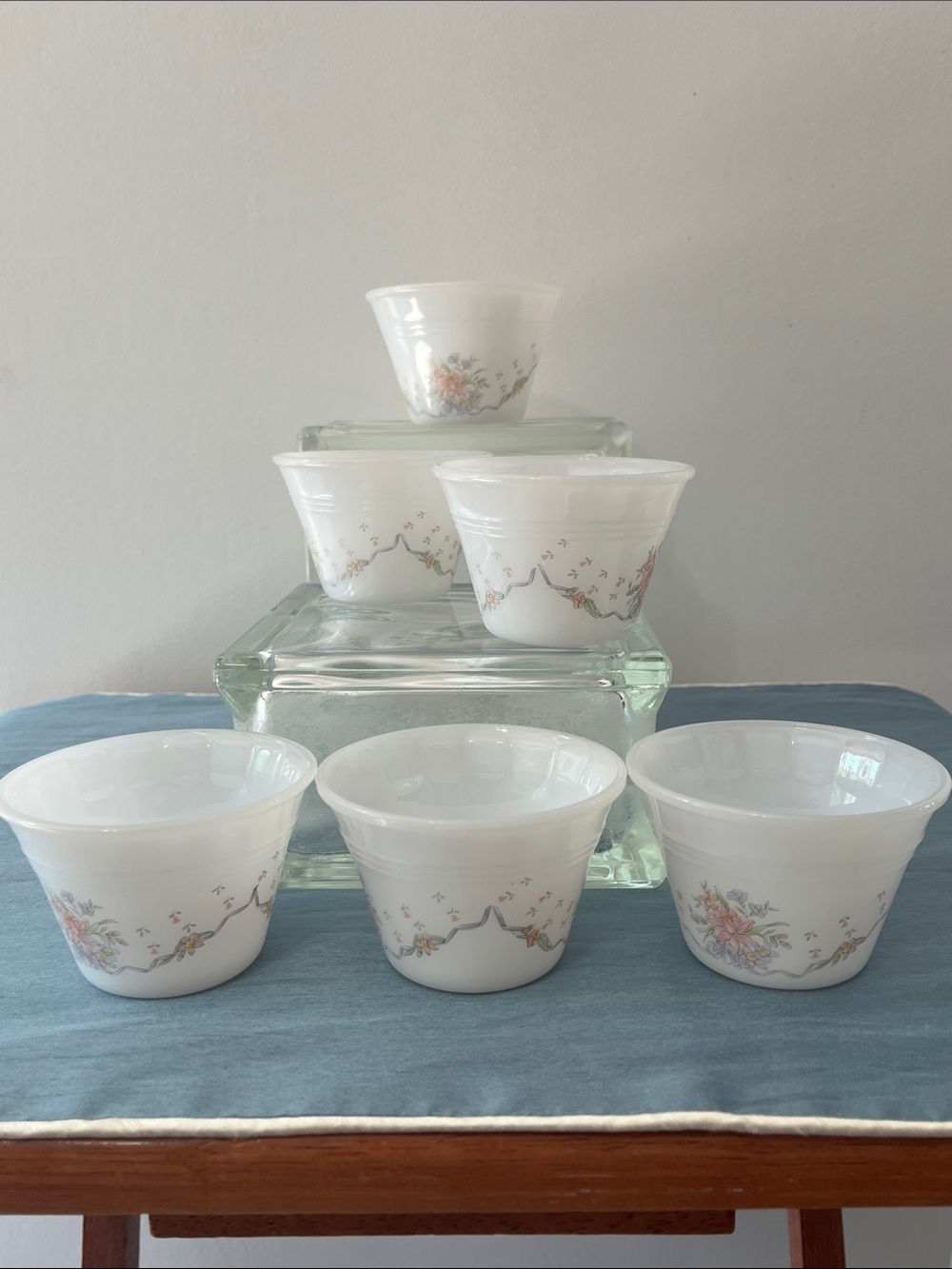 Vintage Indopal Indonesia Milk Glass Floral Custard Cup Ramekin Set of 6